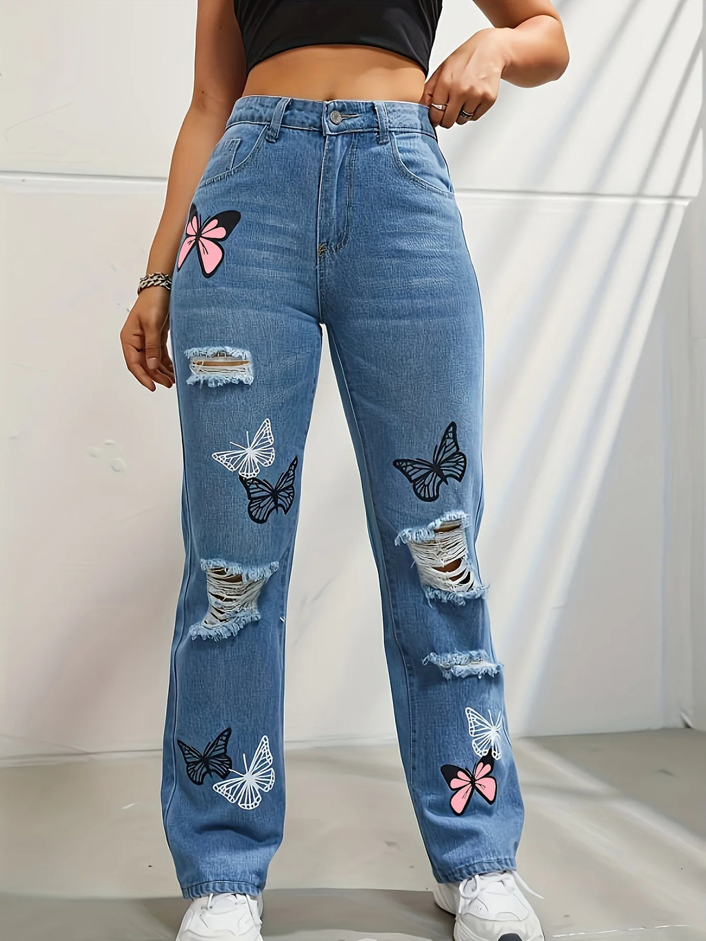 Schmetterlingsdruck Jeanshosen Damen Löcher Jeans Straight Fit Hose Hohe Taille Loose Fit Vintage 2026 Casual Distressed Denims