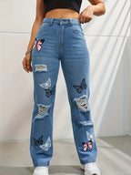 Schmetterlingsdruck Jeanshosen Damen Löcher Jeans Straight Fit Hose Hohe Taille Loose Fit Vintage 2026 Casual Distressed Denims