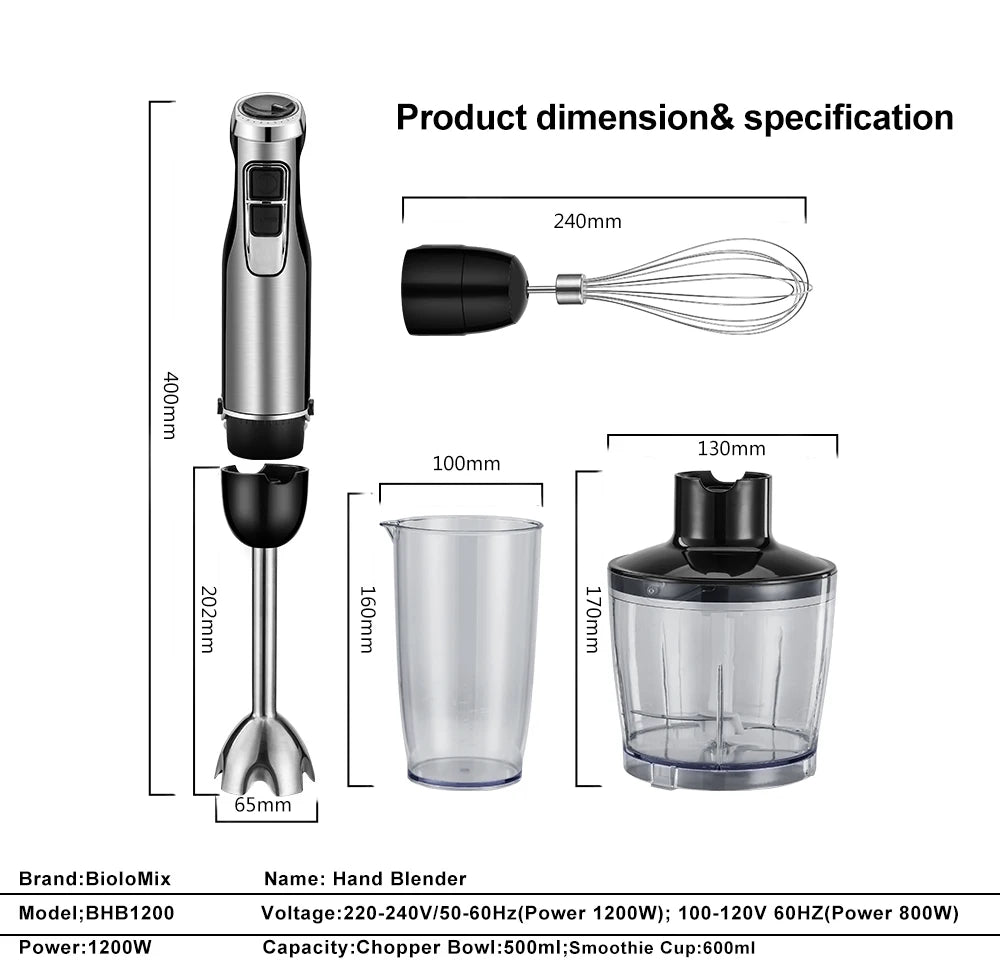 BioloMix 4-in-1 Hochleistungs-Stabmixer 1200W mit Zerkleinerer und Smoothie-Becher Edelstahl-Eismesser