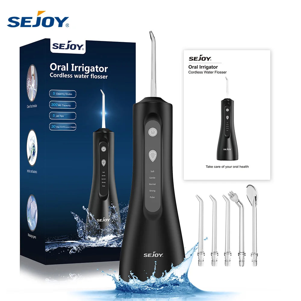 Sejoy Elektrische Wasserflosser Munddusche Wiederaufladbar Tragbar Dental 5 Modi Wassertank Zähne 300ML Wasserdichter Reiniger
