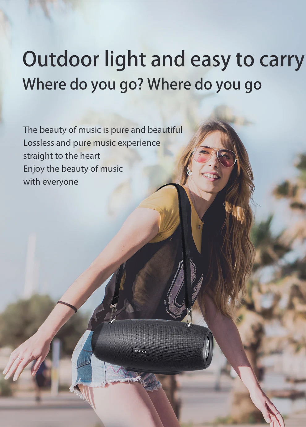 ZEALOT S67 Tragbarer Bluetooth-Lautsprecher mit Schultergurt, wasserdicht für den Außenbereich, Stereo-Klang, starker Bass, 40 Std. Wiedergabe