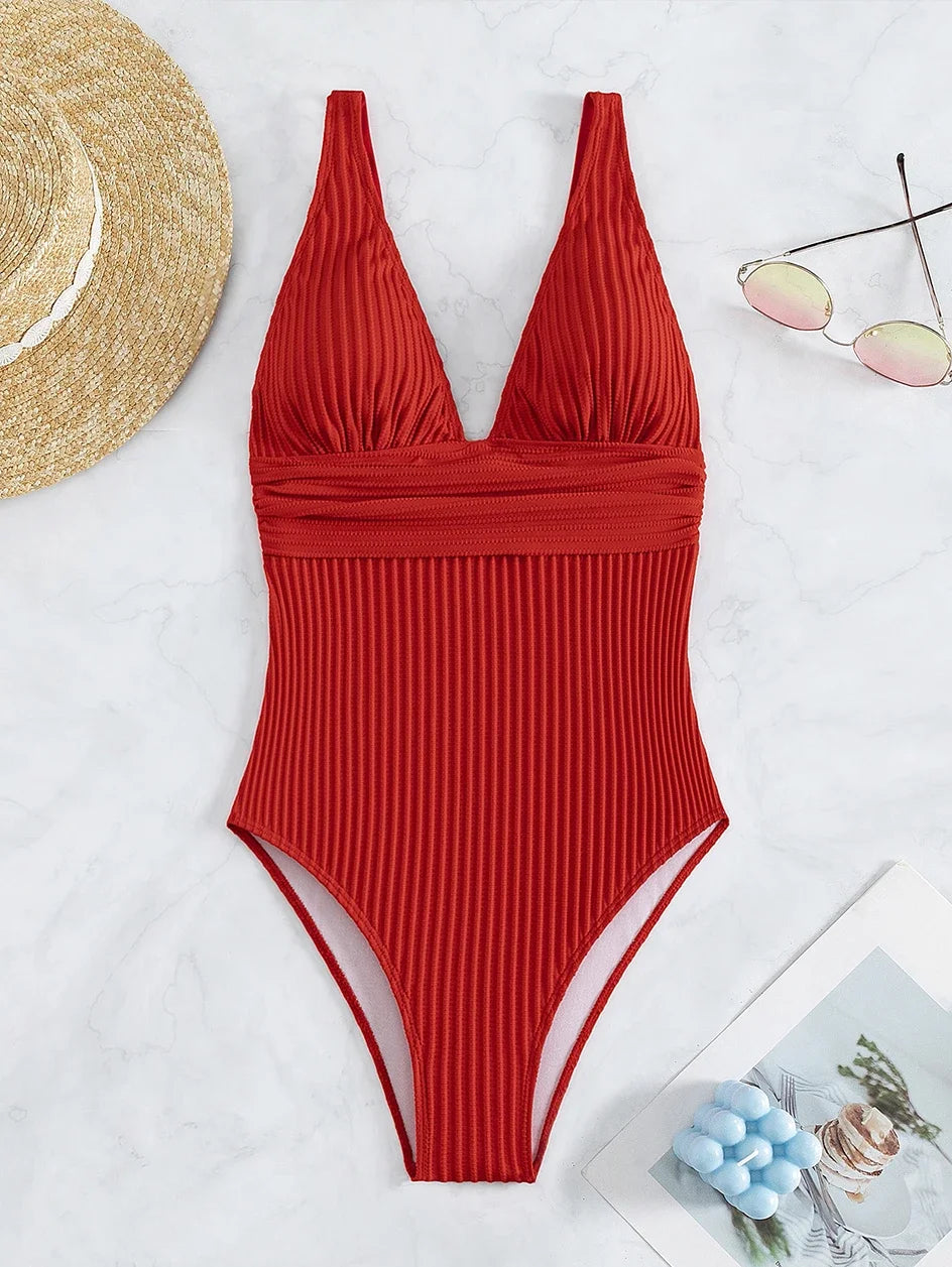 Tiefer V-Ausschnitt Einteiler Damen 2024 Push Up Bademode Weiblich Sexy Sommer Strandmode Schwimmen für Badeanzüge Micro Korean Monokini