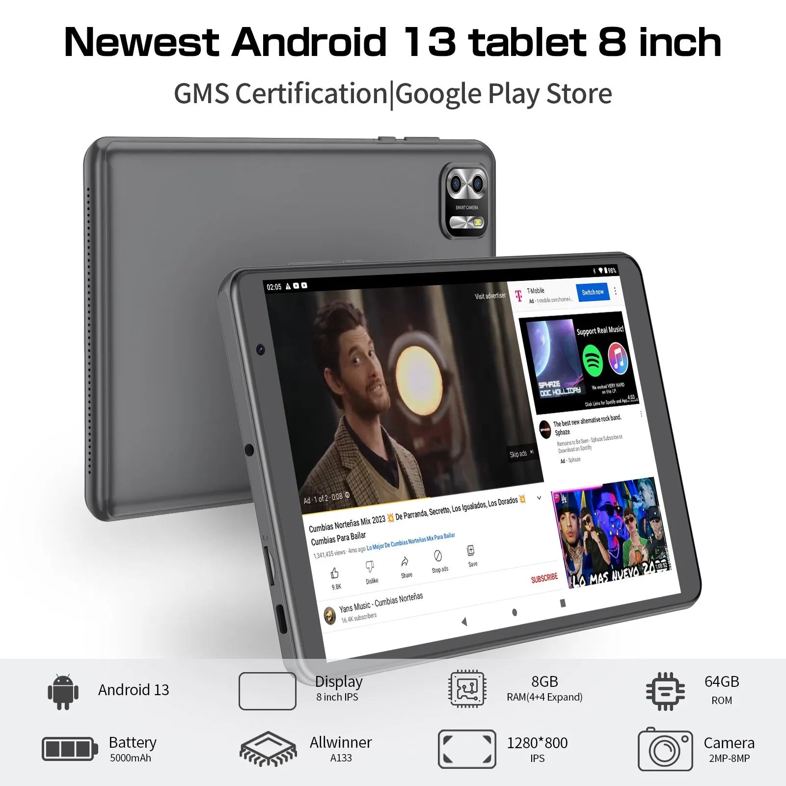 PRITOM 8 Zoll Tablet Android 13, 8GB (4+4 erweiterbar) RAM 64GB ROM, 1TB erweiterbar, 1280x800 IPS-Display, 5000mAh Akku, Dual-Kamera, WiFi