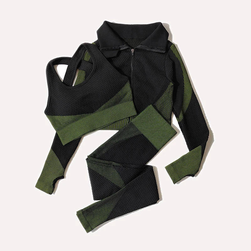 2/3tlg Damen Yoga Anzug Nahtlos Gestrickte Yogahose Leggings Kleidung Reißverschluss Langarm Crop Top Fitnesskleidung Sportbekleidung Gym Set