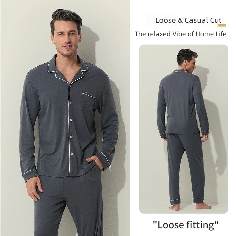 Herren Pyjama Set weiter Schnitt Weiche Lyocell-Baumwollmischung Schlafanzug Atmungsaktive Homewear Gemütlicher bequemer Pyjama