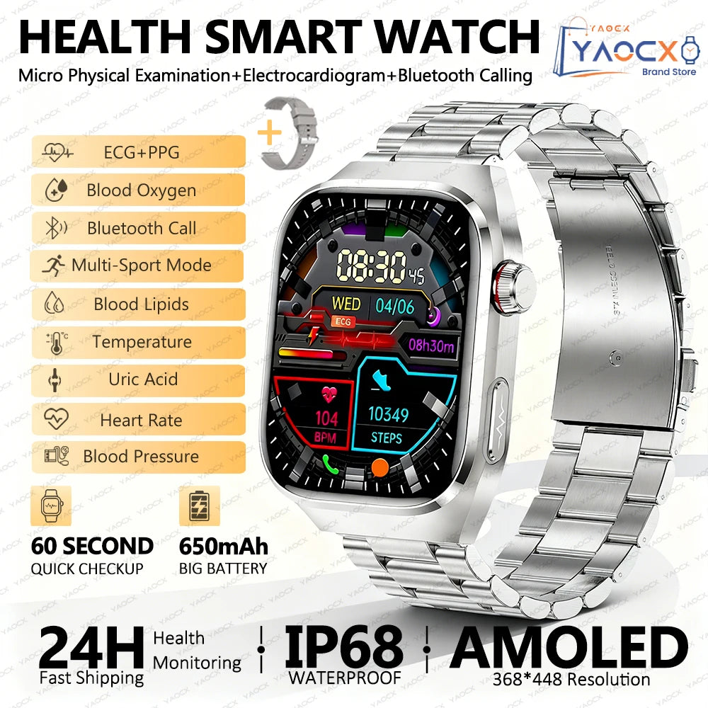 2026 Neue Pflegegrad-Harnsäure-Blutfettwerte Smartwatch Herren EKG+PPG Blutdruck Herzfrequenz Bluetooth Anruf Gesundheits-Smartwatch
