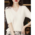 Damen Pullover Frühling Sommer Kurzarm V-Ausschnitt Strickshirt Lässige koreanische Pullover Gestreiftes Unterziehshirt Slim Fit Pullover