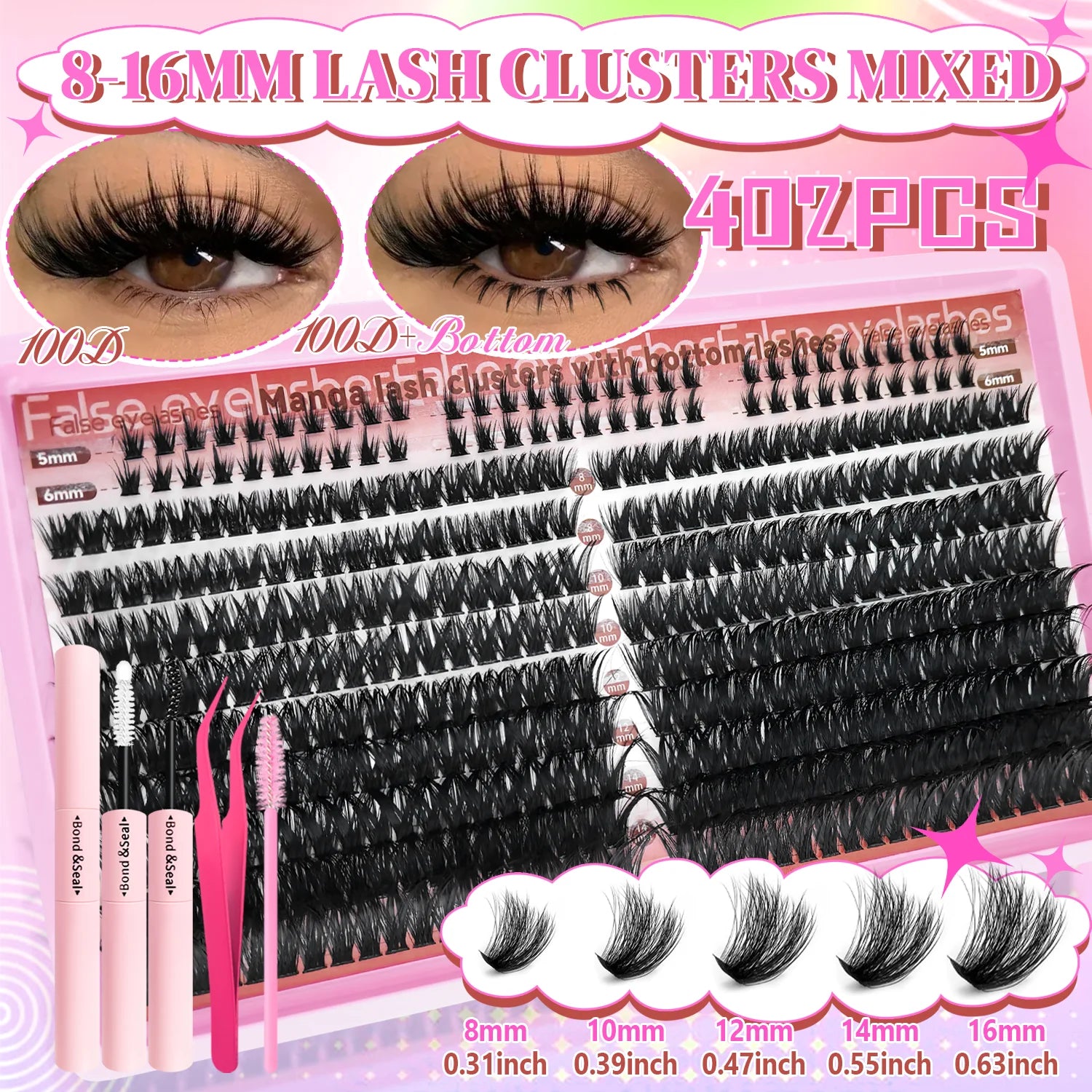 60/402PCS 100D Wimpernset mit unteren Wimpern, dick und angenehm zu tragen für den Alltag, Party, Hochzeit, Abend-Make-up, Wimpernverlängerungen