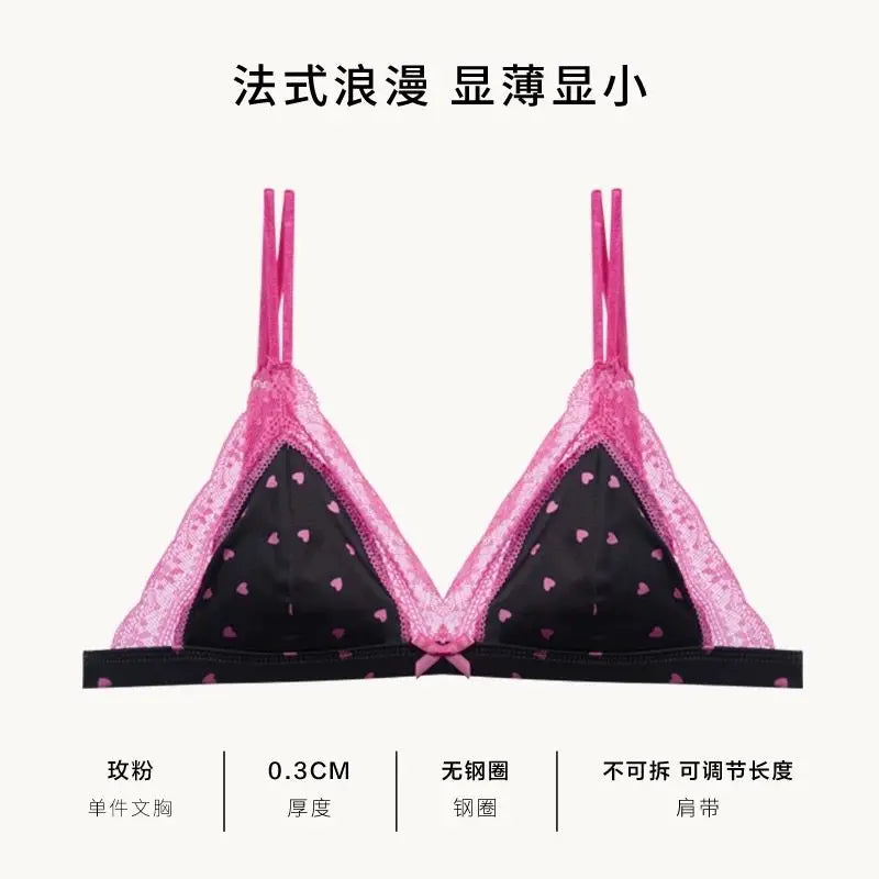 Französischer Stil Süßer Triangel-BH Lingerie Set Damen Satin Spitze Drahtlos Kleiner Busen Raffiniert Dünner Stoff Sexy Weiche Unterwäsche S-XL