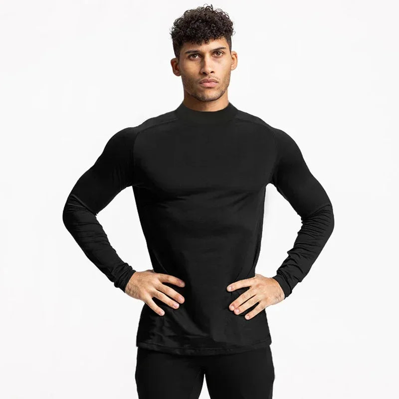 Einfarbige, eng anliegende, schweißabsorbierende, elastische Shirts Fitnessstudio Bodybuilding Fitness Rollkragen-T-Shirts Herren Langarm Schnelltrocknend Herbstkleidung