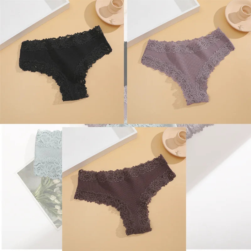 FINETOO 3er-Pack Damen Baumwollunterwäsche Slips Sexy Spitze Brasilianischer Slip Niedrige Taille Blumenmuster Einfarbig G-String Atmungsaktive Dessous