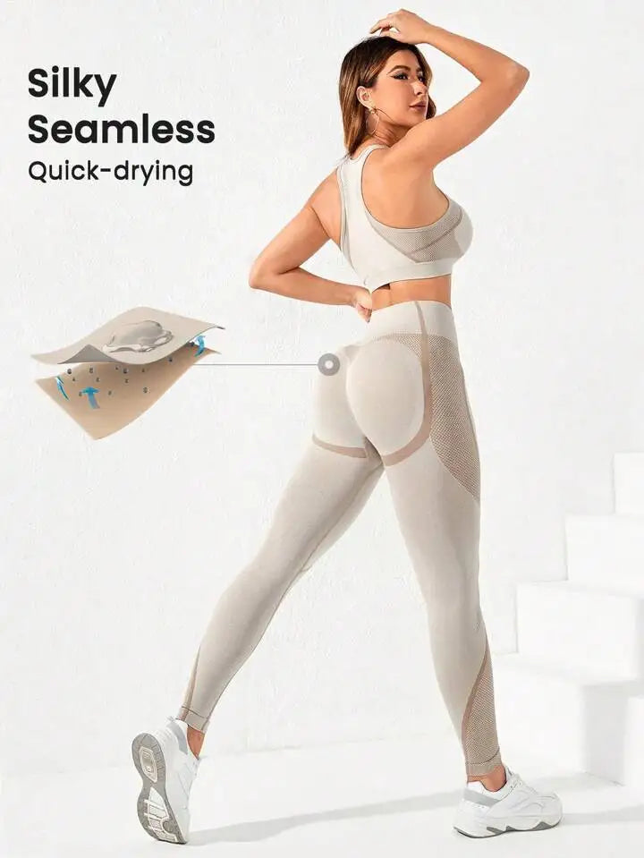 2-teiliger Anzug, Damen Yoga Anzug, schöne Rücken-High-Waist-Hosen-Kombination, nahtlose, super elastische, ideale Fitnesskleidung
