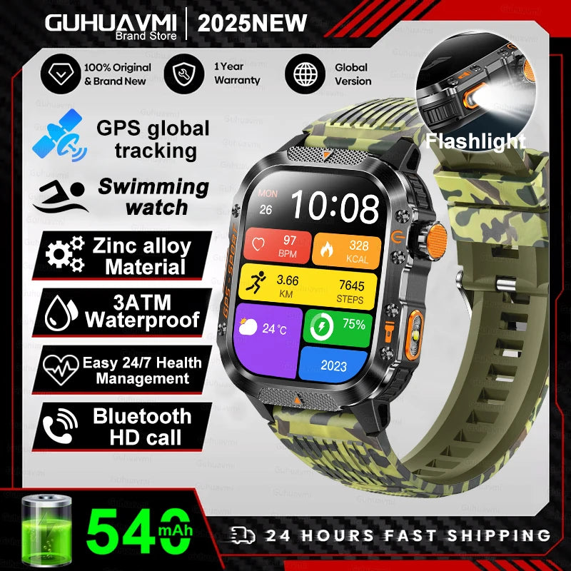 2025Neue GPS Smartwatch für Xiaomi IOS Militärkompass Taschenlampe Smartwatch Herren 10ATM Wasserdicht 100+Sportmodi BT Anruf Uhr