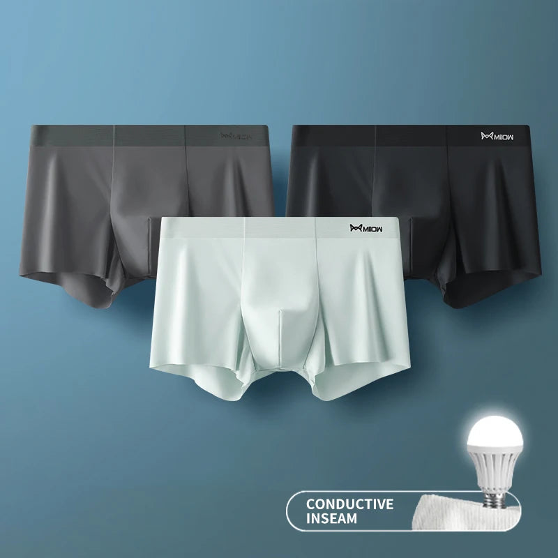 MIIOW 3er-Pack Ice Silk Herrenunterwäsche Boxer Metallfaser Antistatisch Herrenunterhosen Nahtloser Schnitt Saum Herren Slips Boxershorts Trunks