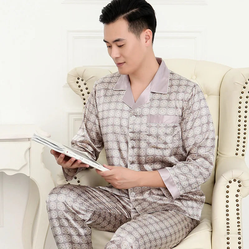 Hochwertiges Pyjama-Set Herren Frühling Herbst Dünn Polyester Eisseide Langarm Schlafanzug Übergröße Sommer Hauskleidung Männlich