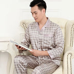 Hochwertiges Pyjama-Set Herren Frühling Herbst Dünn Polyester Eisseide Langarm Schlafanzug Übergröße Sommer Hauskleidung Männlich