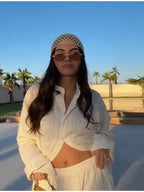 Beiges zweiteiliges Set für Damen, Oversized-Hemd mit Knopfleiste und High-Waist-Hose mit weitem Bein, Y2k Sommer-Urlaubs-Kaftan-Outfit