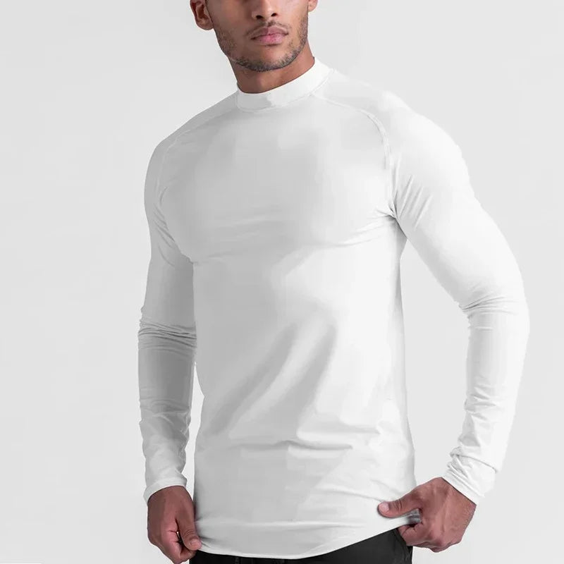 Einfarbige, eng anliegende, schweißabsorbierende, elastische Shirts Fitnessstudio Bodybuilding Fitness Rollkragen-T-Shirts Herren Langarm Schnelltrocknend Herbstkleidung