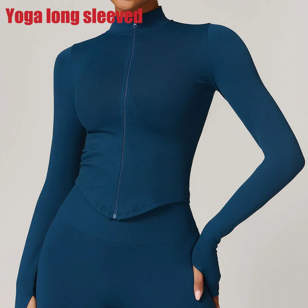 Women's Zipper Crop Sports Jacket Long Sleeve Yoga T-Shirt Solid Quick Dry Fitness Top Gym Running Workout Sportswear