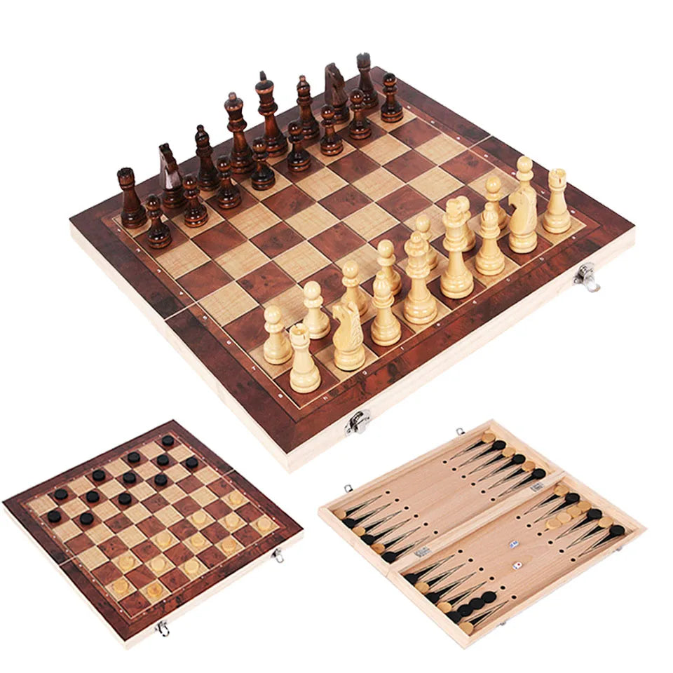 3-in-1 Holz-Schach-Backgammon-Dame-Reisespiele Schachspiel Brett Dame Unterhaltung Weihnachtsgeschenk