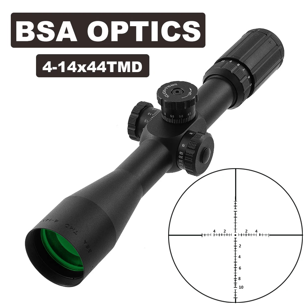 BSA Optics TMD 4-14X44 FFP Jagdzielfernrohr, Absehen in erster Bildebene, taktisches Glasgravur-Absehen, optische Visiere