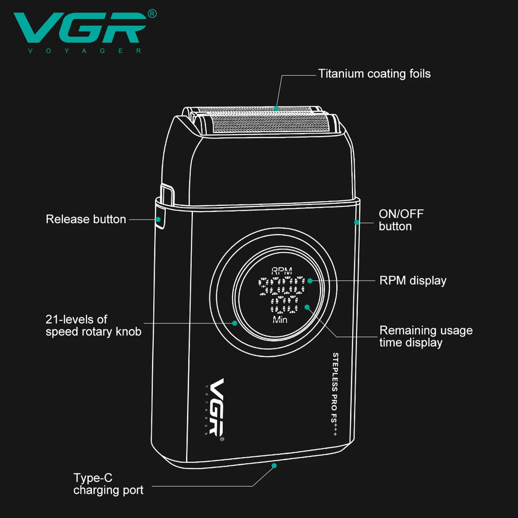 VGR High-End Herrenrasierer, Legierung, drei Schwingklingen, LED-intelligente Digitalanzeige, 9000 U/min Haarschneider V-378