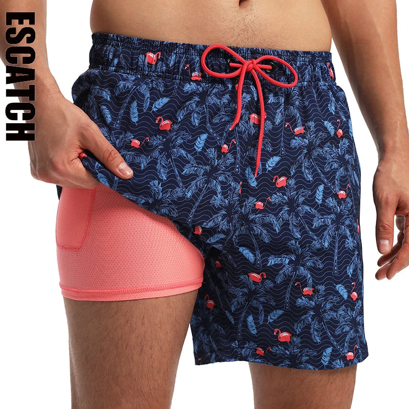 ESCATCH 2026 Neu eingetroffene Herren-Badeshorts mit Kompressionsfutter, 2-in-1-Druck, schnelltrocknend, Fitnessstudio, Sport, Herrenshorts mit Reißverschlusstaschen