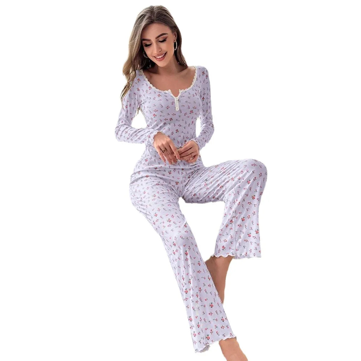 Women's Pajama Set Lace Buttons Trims Sleepwear Slim Long-sleeved Trousers Floral Print Stylish sexy Loungewear Nightwear Pyjama