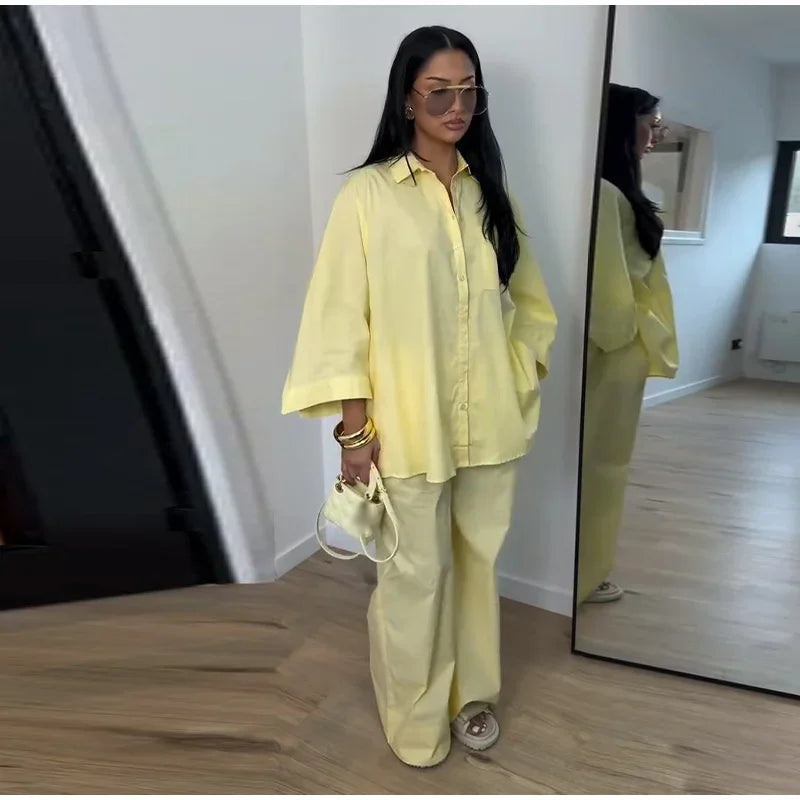 Damen Anzug mit Revers, langen Ärmeln, chic, einreihig, weites Bein, lange Hose, Sets 2026, lässiges, lockeres Outfit für den Alltag