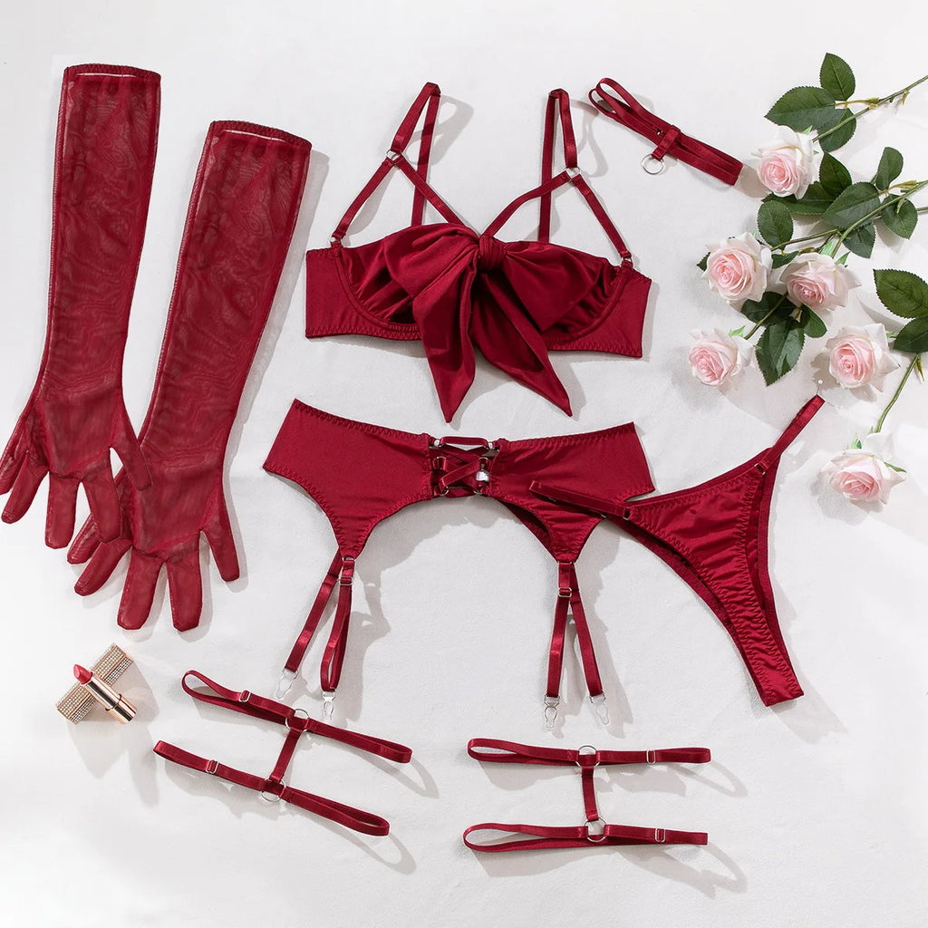 Sexy Dessous-Set mit Schleifenverzierung, durchbrochen, für Damen, einfarbig, exotische Bekleidung, weiblicher Stil, reine Begierde, Unterwäsche mit Strapsen und Handschuhen