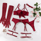 Sexy Dessous-Set mit Schleifenverzierung, durchbrochen, für Damen, einfarbig, exotische Bekleidung, weiblicher Stil, reine Begierde, Unterwäsche mit Strapsen und Handschuhen
