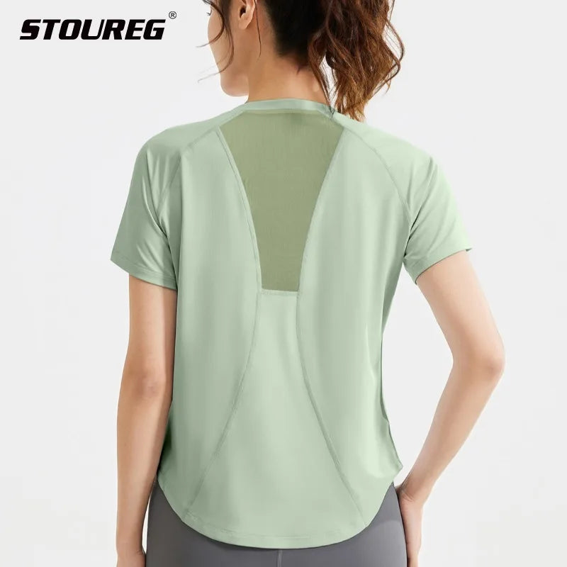 STOUREG Damen Lockeres Mesh Sport T-Shirt Schnell Trocknend Kurzarm Yoga T-Shirt Pilates Laufen Sport Fitness Kurzarm
