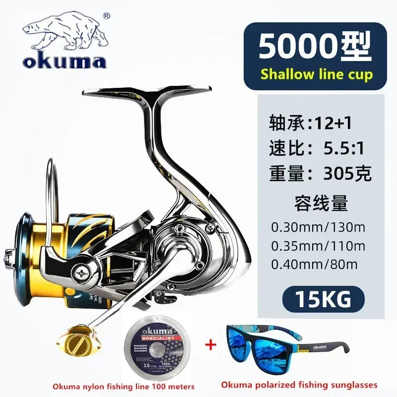 Okuma Ganzmetall-Angelrolle mit flacher Spule 15 kg Korrosionsschutz Salzwasser Spinnrolle 1000-5000