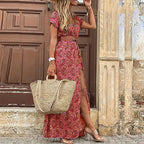 Sommer Bohemian Damen Maxikleid 2024 V-Ausschnitt Kurzarm Geblümt Strand Elegant Vintage Kleid mit Gürtel