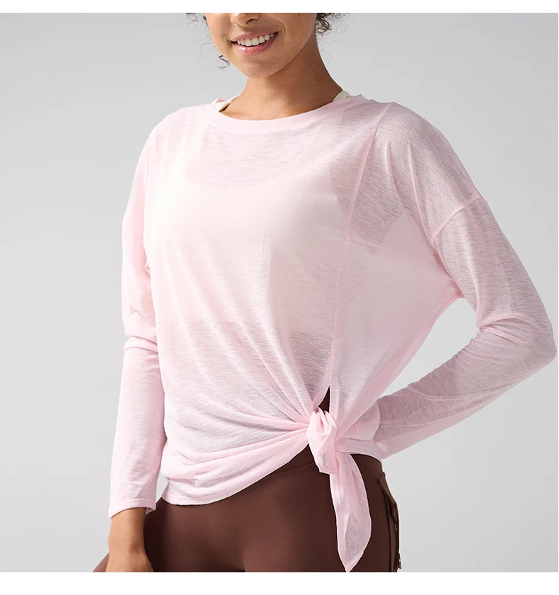 Mode Damen Atmungsaktive Lockere Schnelltrocknende Langarm Yoga Shirts Schlankmachende Seitenschlitze Freizeit Laufen Fitness Radfahren Oberteile