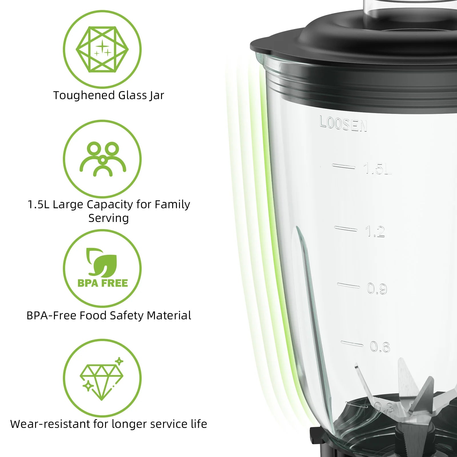 BioloMix Professional 1300W Standmixer mit 1,5L BPA-freiem Glaskrug, perfekt für gefrorene Smoothies und hausgemachte Saucen