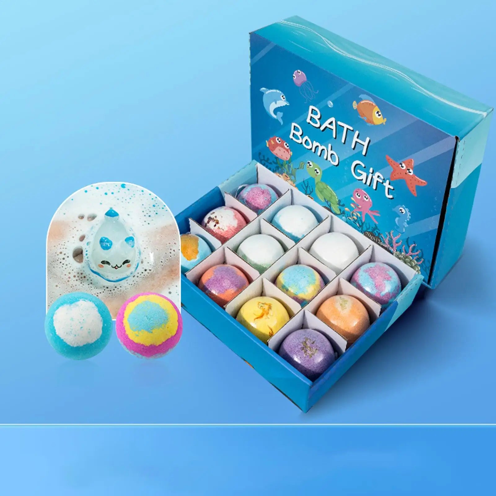 12 Stück Kinder-Badebomben mit Überraschungs-Meerestierspielzeug im Inneren, Ocean-Badesalzbälle, einzigartig, lindert Müdigkeit, sichere Inhaltsstoffe