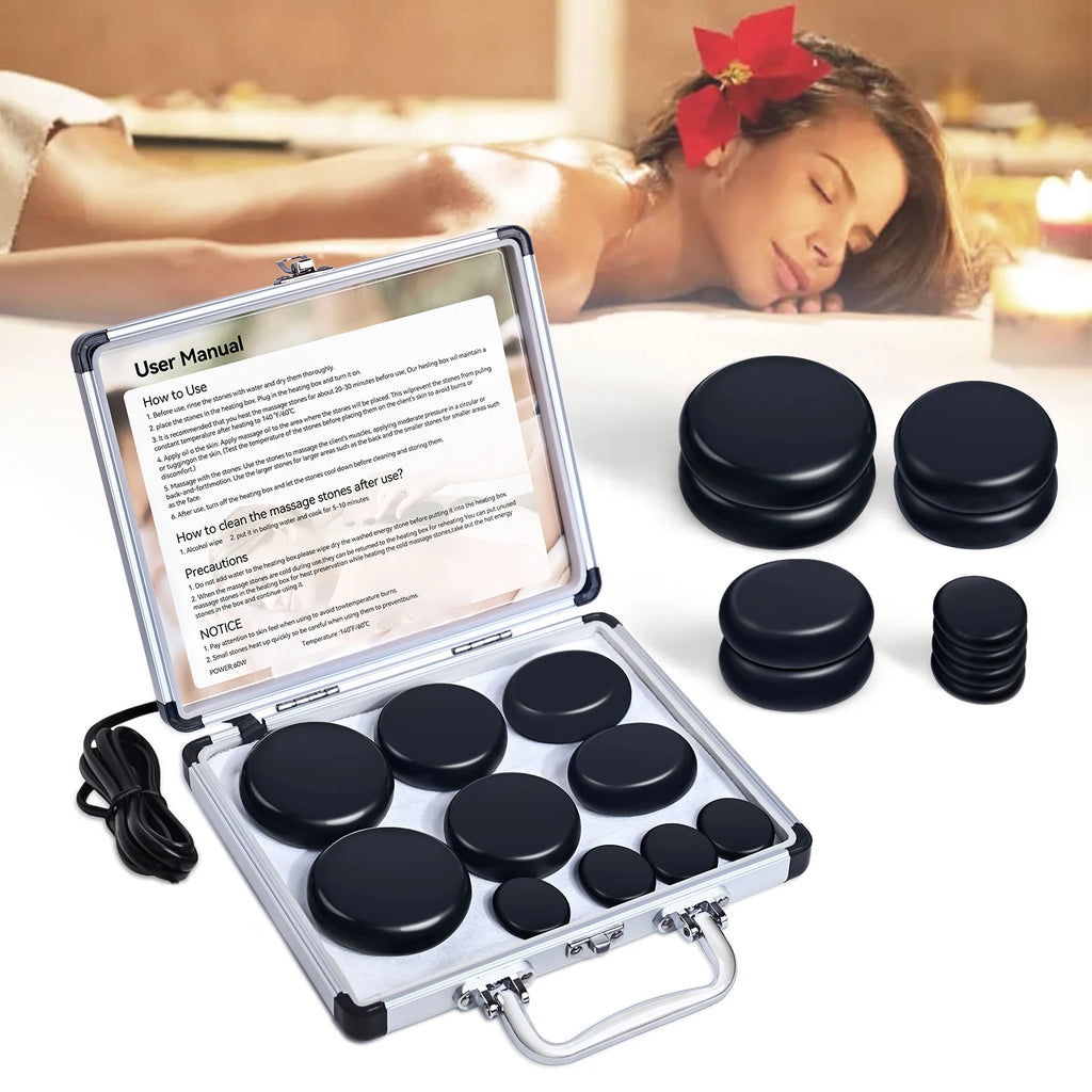 HEISSE STEINMASSAGE-SET - Professionelle Spa-Massagegeräte - Für Nacken, Rücken, Bauch, Beine & Ganzkörpermassage