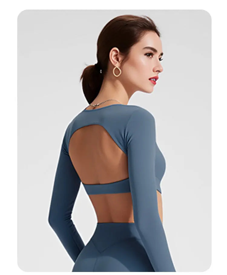 NCLAGEN Sport-Oberteile Gym Damen Fitness T-Shirt Langarm Offener Rücken Pilates Yoga Gepolstertes Crop Top Laufen Workout Fitness Bluse