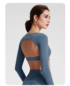 NCLAGEN Sport-Oberteile Gym Damen Fitness T-Shirt Langarm Offener Rücken Pilates Yoga Gepolstertes Crop Top Laufen Workout Fitness Bluse