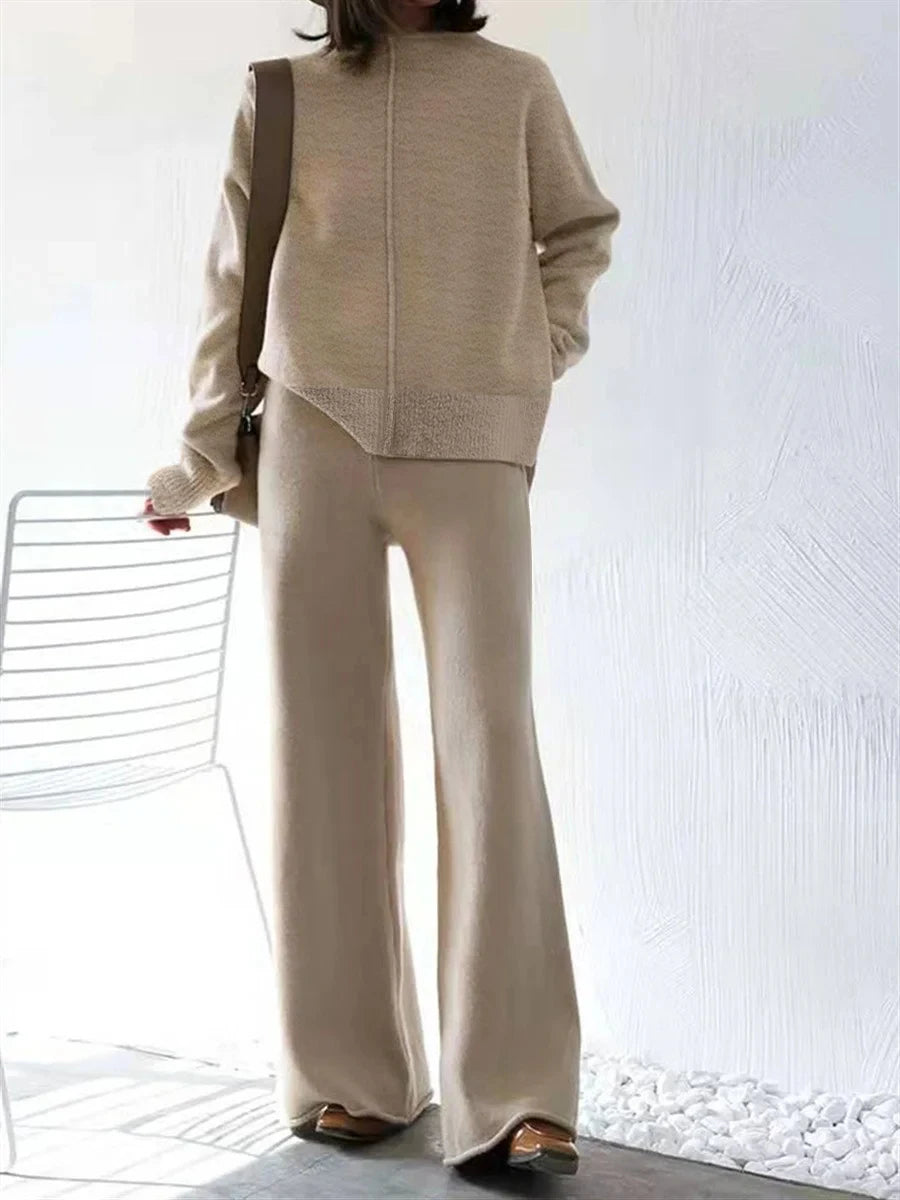 Damen beiges Oversize-Strick-Zweiteiler-Set mit Half-Zip Pullover und weiter Hose, lässige Loungewear