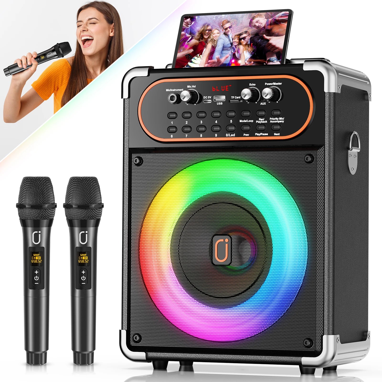 S68 Kara Ok mit 2 Mikrofonen, tragbarer Bluetooth 5.3 Kara Ok Lautsprecher, Echo-Anpassung, unterstützt TV über AUX-Verbindung Hauptbild