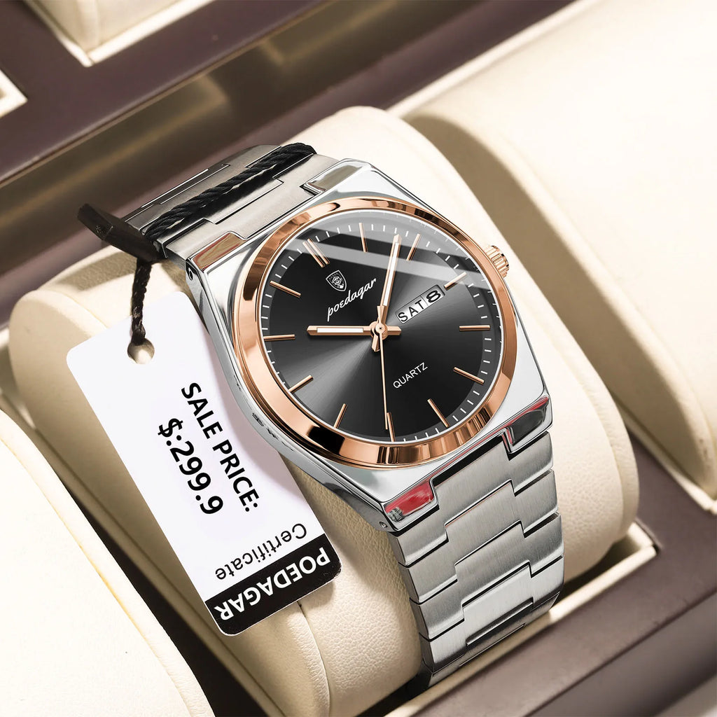 POEDAGAR Luxus Herrenuhren Wasserdicht Leuchtende Datumsanzeige Wochentag Herrenuhr Edelstahl Casual Mode Quarz Herren Armbanduhr Reloj