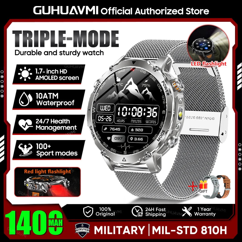 2026 Neue TANK Ultra 1400mAh Akku Militär Smartwatch 10ATM Wasserdicht Herzfrequenz Taktische LED Taschenlampe Herren Sportarmband