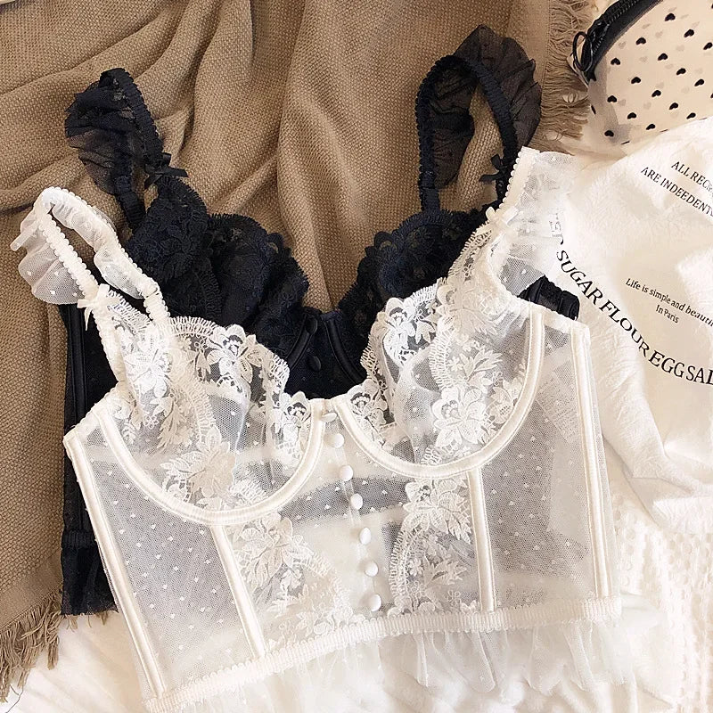 Heißer Verkauf Französisches sexy Dessous-Set für Damen, ultradünner transparenter BH und Höschen-Set, besticktes Spitzen-Form-Camisole-Unterwäsche-Set