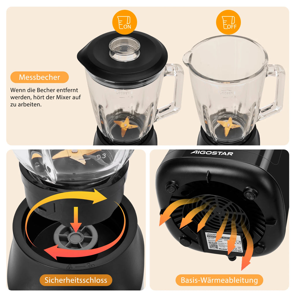 Aigostar Standmixer und Smoothie Maker, 1,5 Liter Glasbehälter, Titanbeschichtete Klingen, Eisfunktion, 2 Geschwindigkeiten + Pulsfunktion
