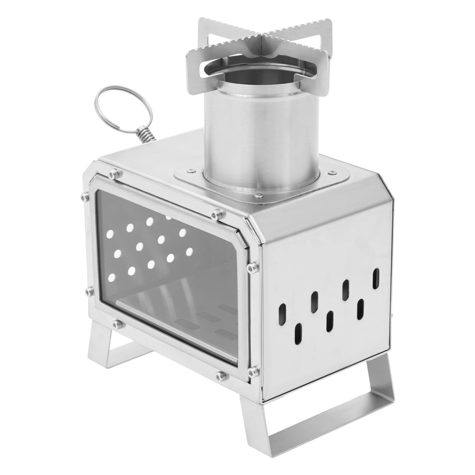 Tragbarer Camping-Holzofen, Mini-Feuerstelle aus Edelstahl für Outdoor-Kochen, Wandern, Grillen, mit Glasfenster und Belüftungsöffnungen
