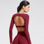 NCLAGEN Yoga-Top mit integriertem BH, langärmeliges Damen-Gym-Oberteil, rückenfreies Workout-Shirt, hochelastisches atmungsaktives Fitness-Shirt