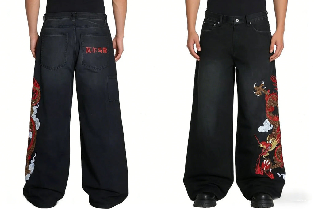Y2K Black Washed Bestickte High-Waisted Oversized Jeans Herren Europäischer und Amerikanischer Retro Klassiker Lockere Weite Gerader Schnitt Hosen