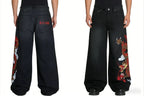 Y2K Black Washed Bestickte High-Waisted Oversized Jeans Herren Europäischer und Amerikanischer Retro Klassiker Lockere Weite Gerader Schnitt Hosen